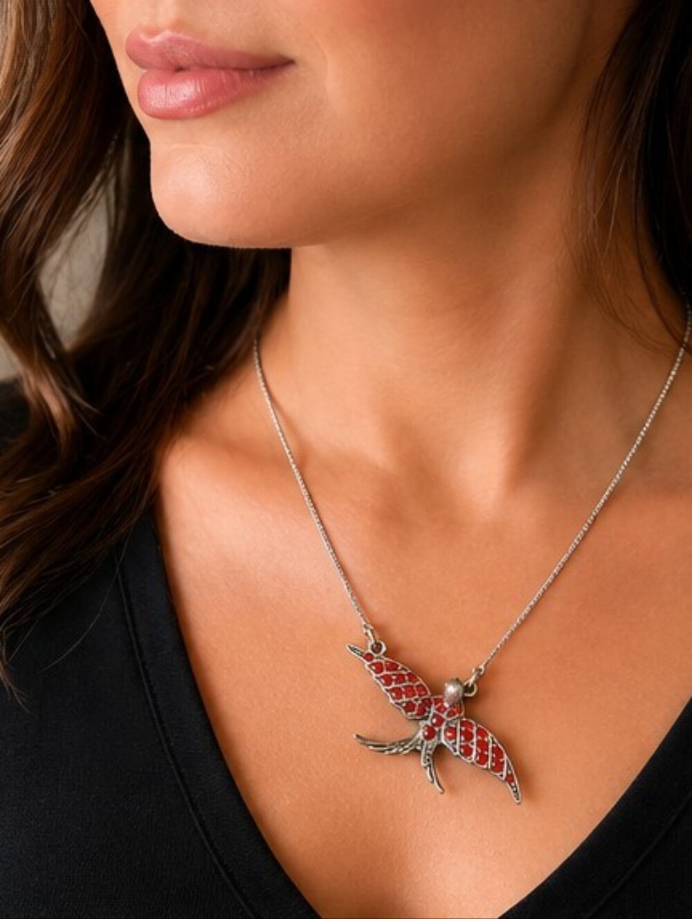 Pilgrim Danish Design Red Crystal Swallow Bird Necklace Signed NOS Retired Style